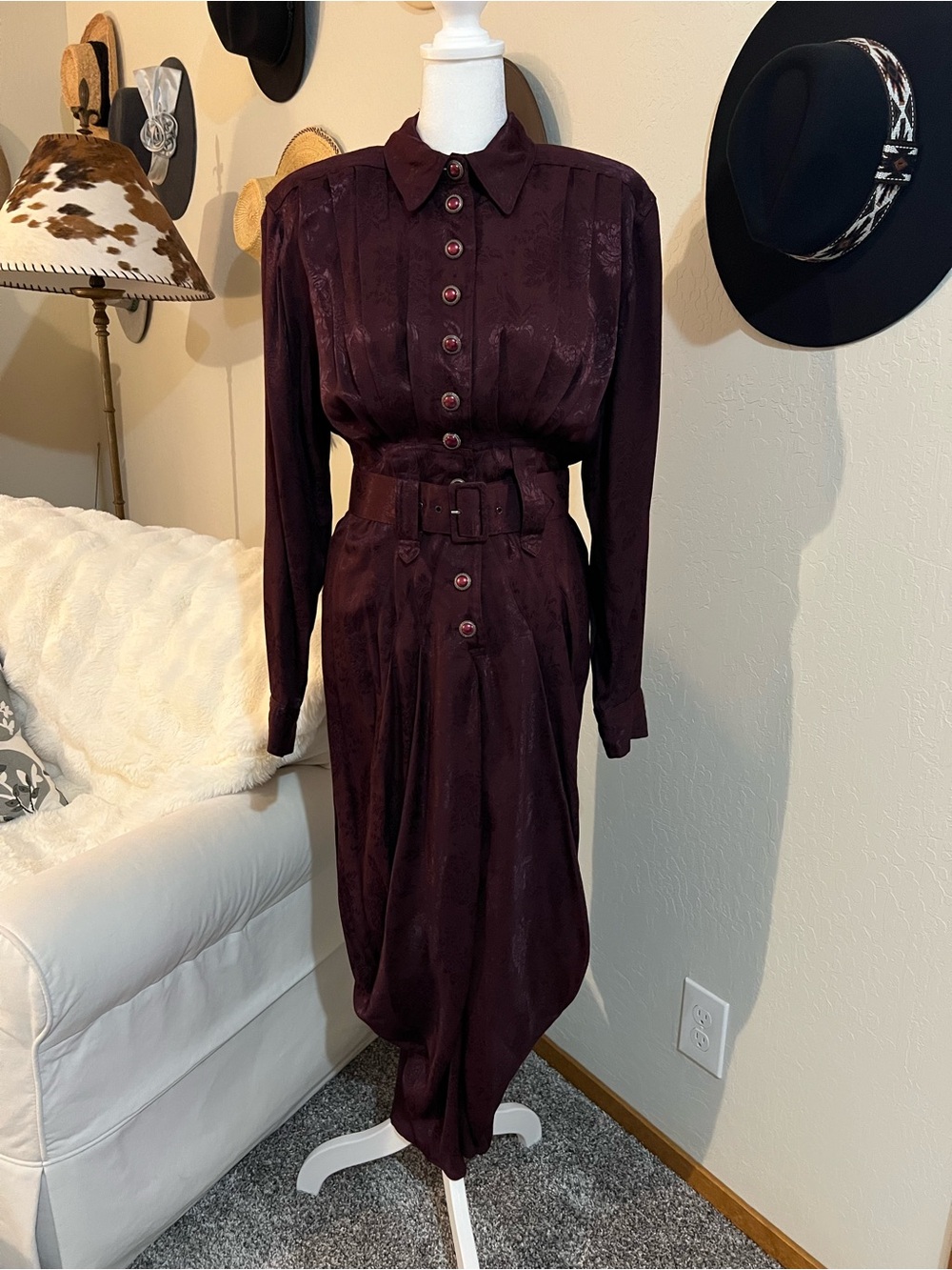 Karen Alexander Vintage Button-Front Burgundy Dress with Belt With Original Tags